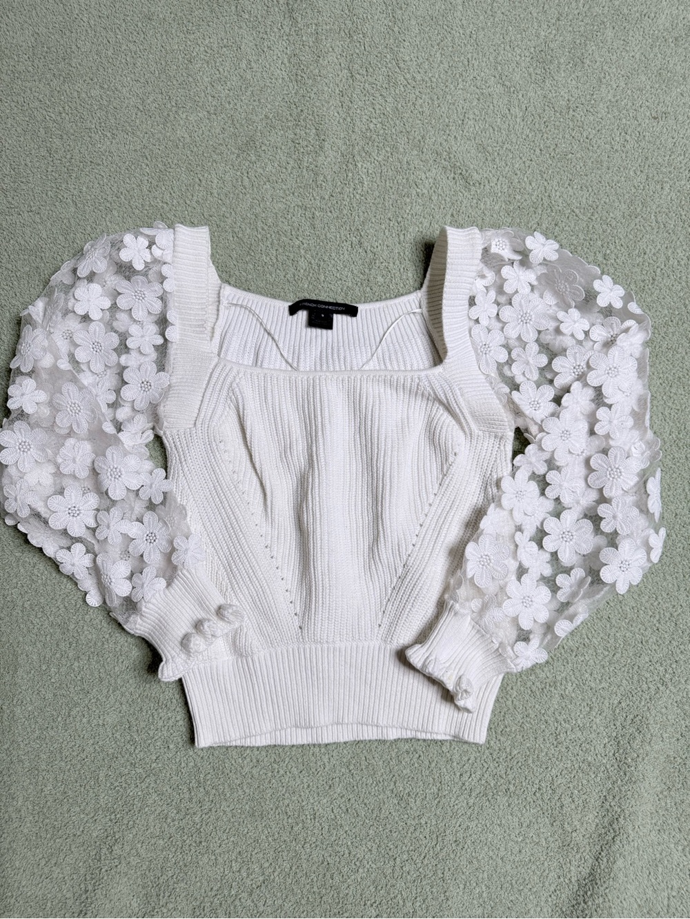 French Connection White Floral Lace Puff-Sleeve Knit Top